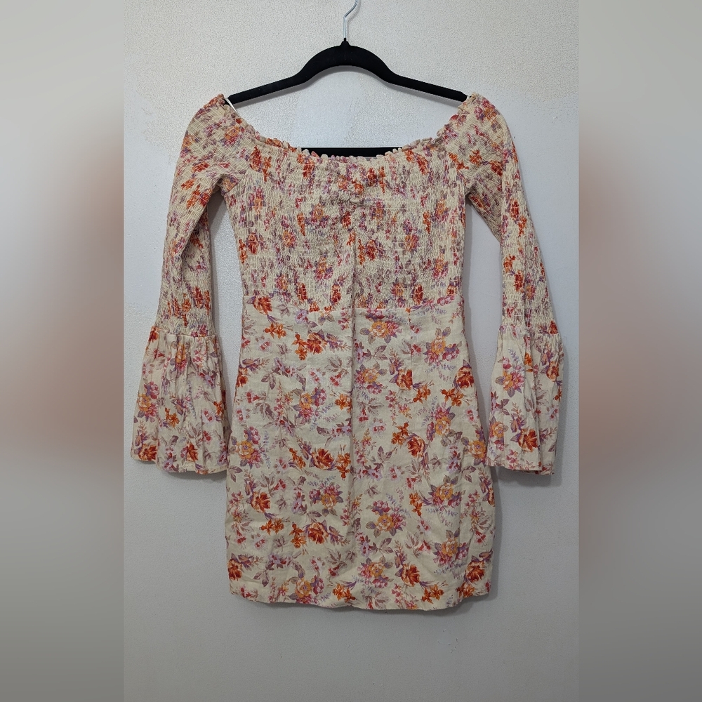 Guess Floral Off-Shoulder Long Sleeve Dress in Cream, Pink and Orange